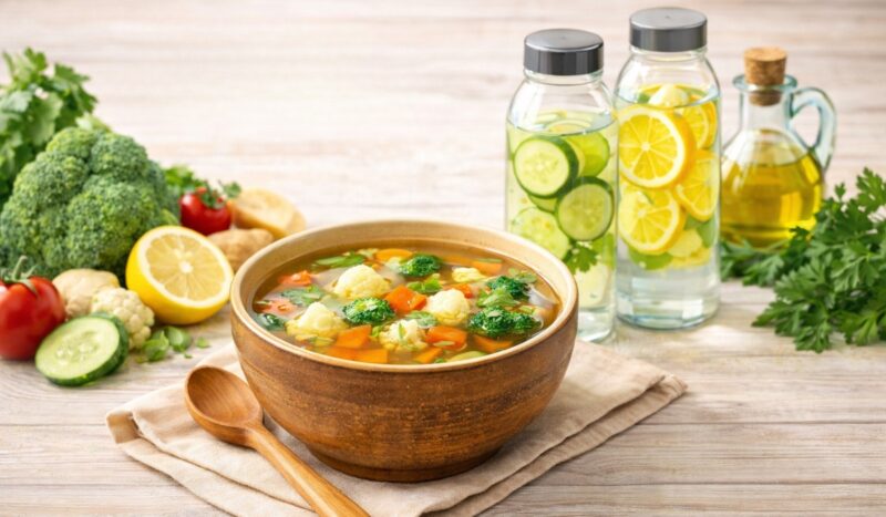 Čorba od povrća kao deo detoksa organizma, servirana uz detoks vodu sa limunom i krastavcem na svetloj drvenoj podlozi