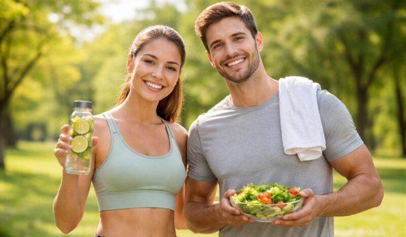 Zdrav i mlad par u prirodi koji vodi aktivan i zdrav način života uz zdravu ishranu i hidrataciju