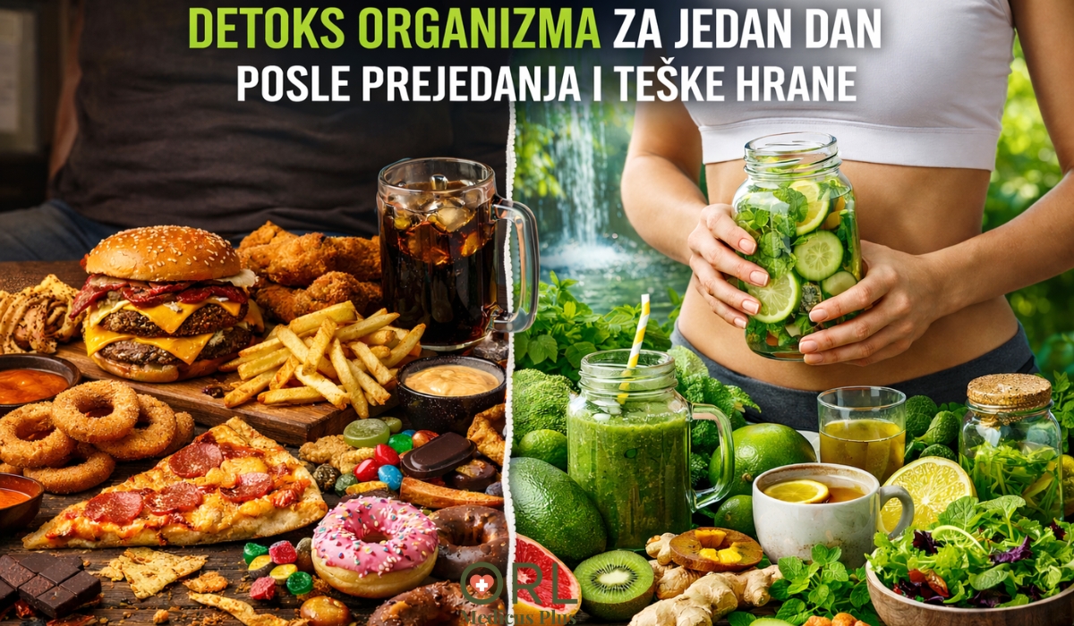 Detoks organizma za jedan dan posle prejedanja i teške hrane, kontrast nezdrave hrane i laganog detox obroka