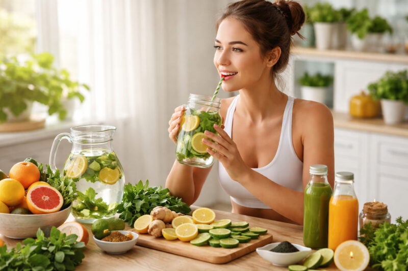 Osoba pije detoks vodu sa limunom, krastavcem i mentom u svetloj kuhinji okružena svežim namirnicama