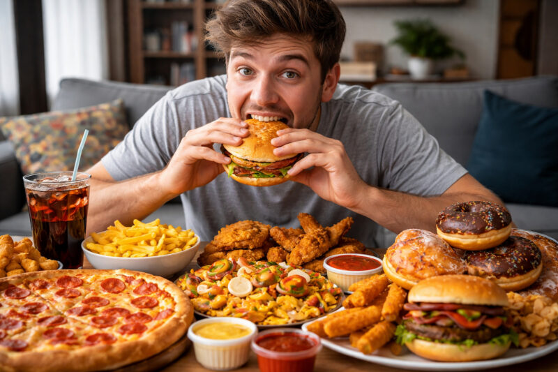 Osoba sedi za stolom i jede nezdravu hranu poput hamburgera, pice, pomfrita i krofni u kućnom okruženju
