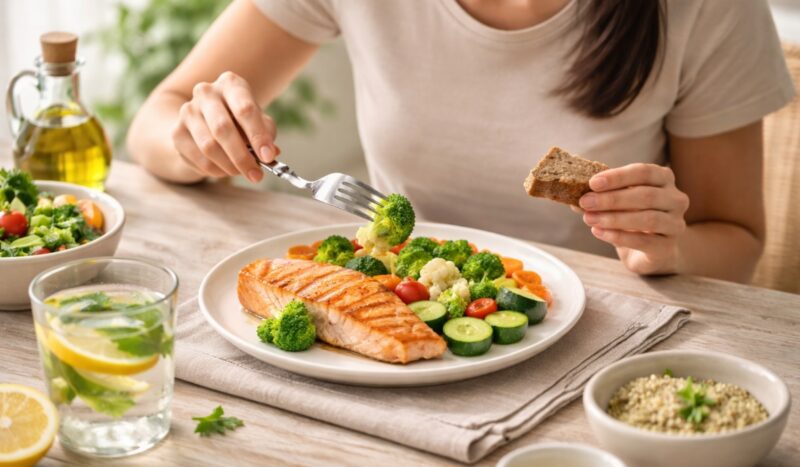 Mlada osoba ruča nemasno riblje meso sa dinstanim povrćem za lagan i zdrav obrok