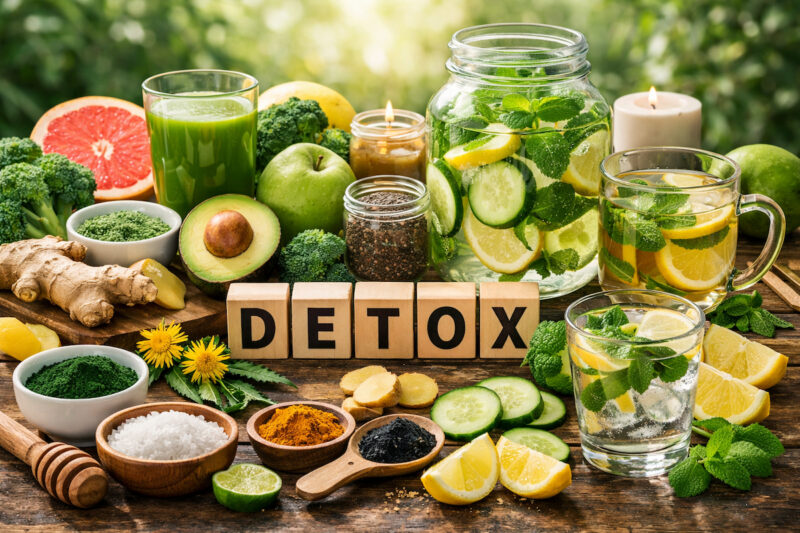 Detoks organizma sa limunom, krastavcem, mentom, zelenim sokom i svežim voćem i povrćem na drvenom stolu