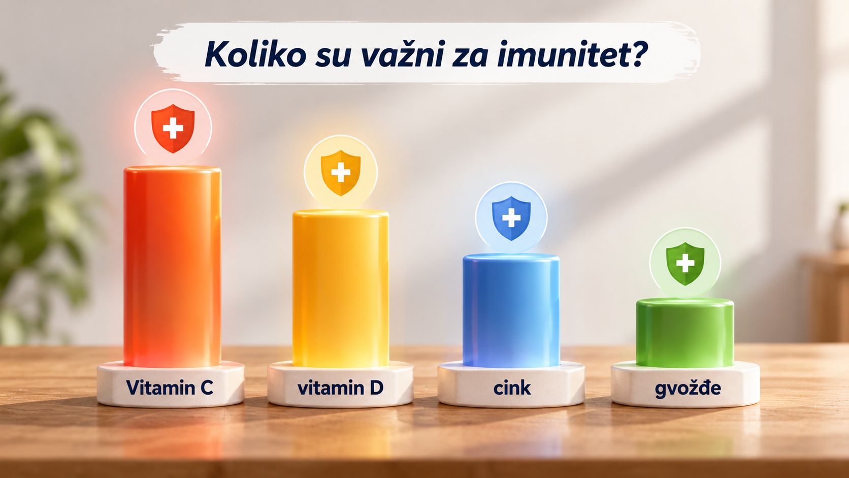 Grafikon prikazuje vitamin C, vitamin D, cink i gvožđe kroz četiri obojena stubca.