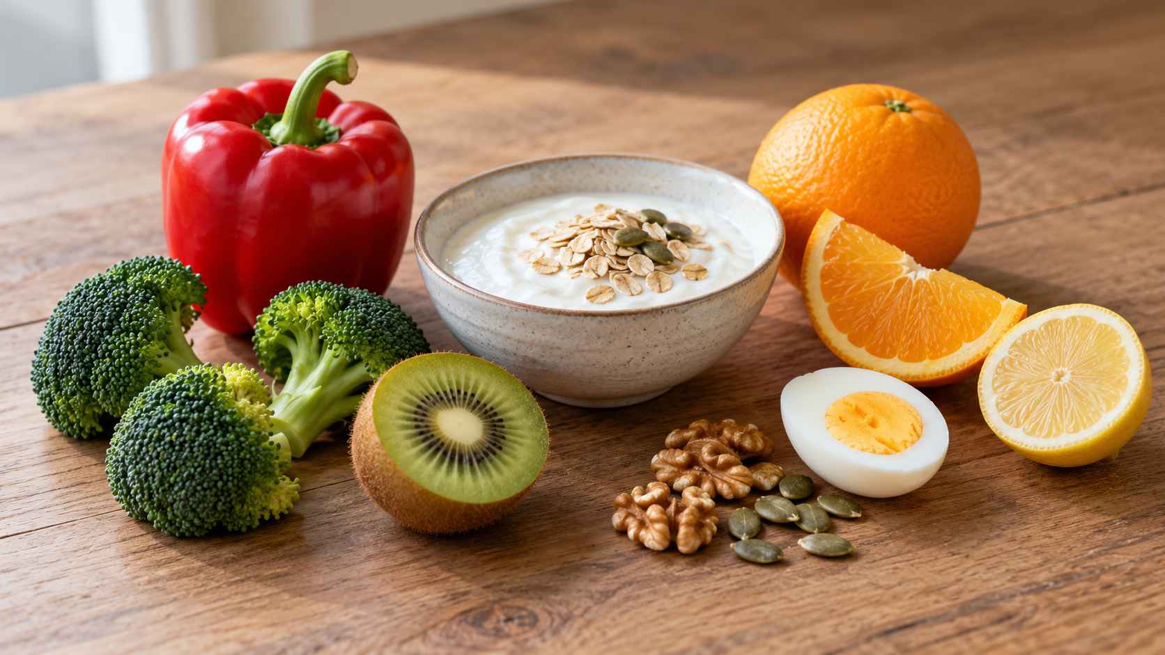 Crvena paprika, brokoli, kivi, citrusi, jogurt, jaje i orašasti plodovi na drvenom stolu.